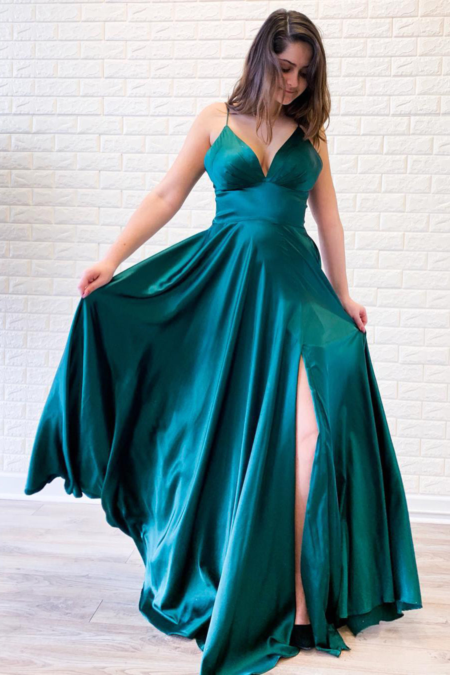 Casual Satin A-Line V-Neck Lace-Up Split Party Prom Dress FancyVestido Casual Satin A-Line V-Neck Lace-Up Split Party Prom Dress FancyVestido