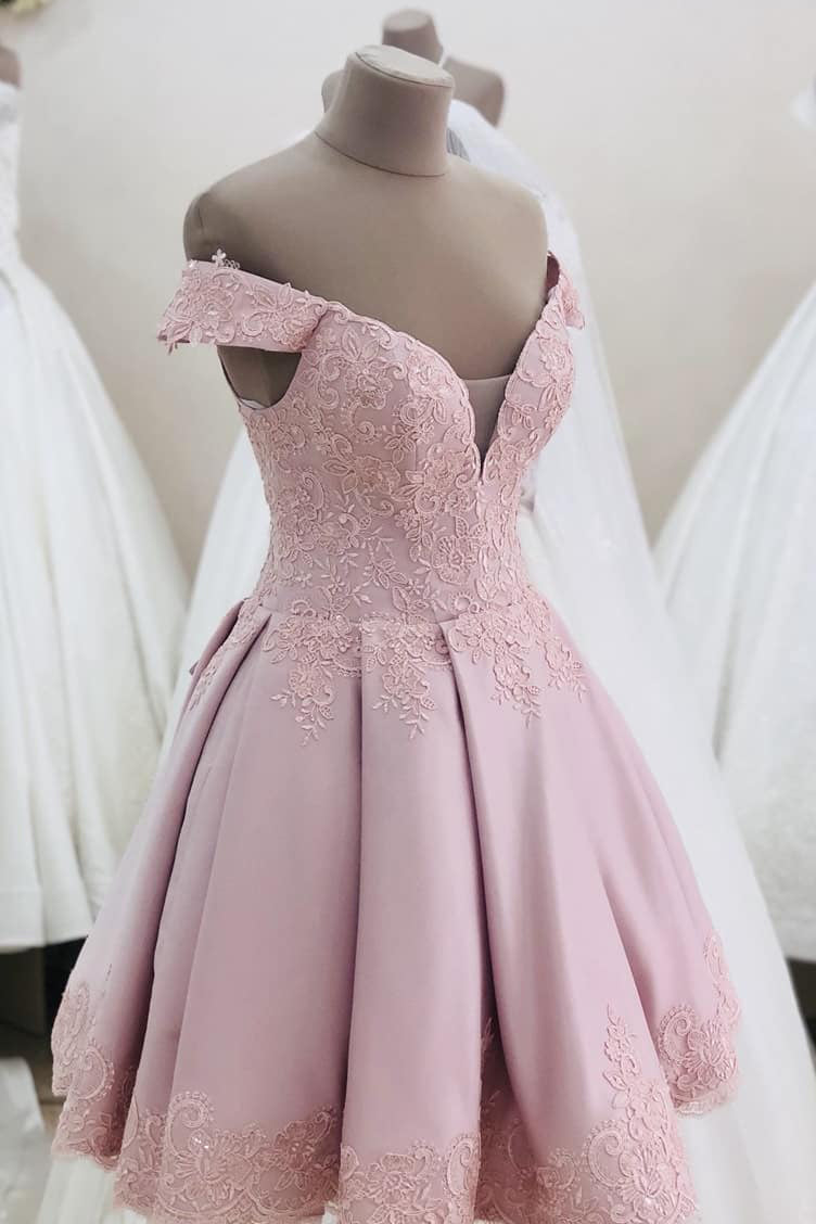 Off the Shoulder Pink Homecoming Dress with Lace