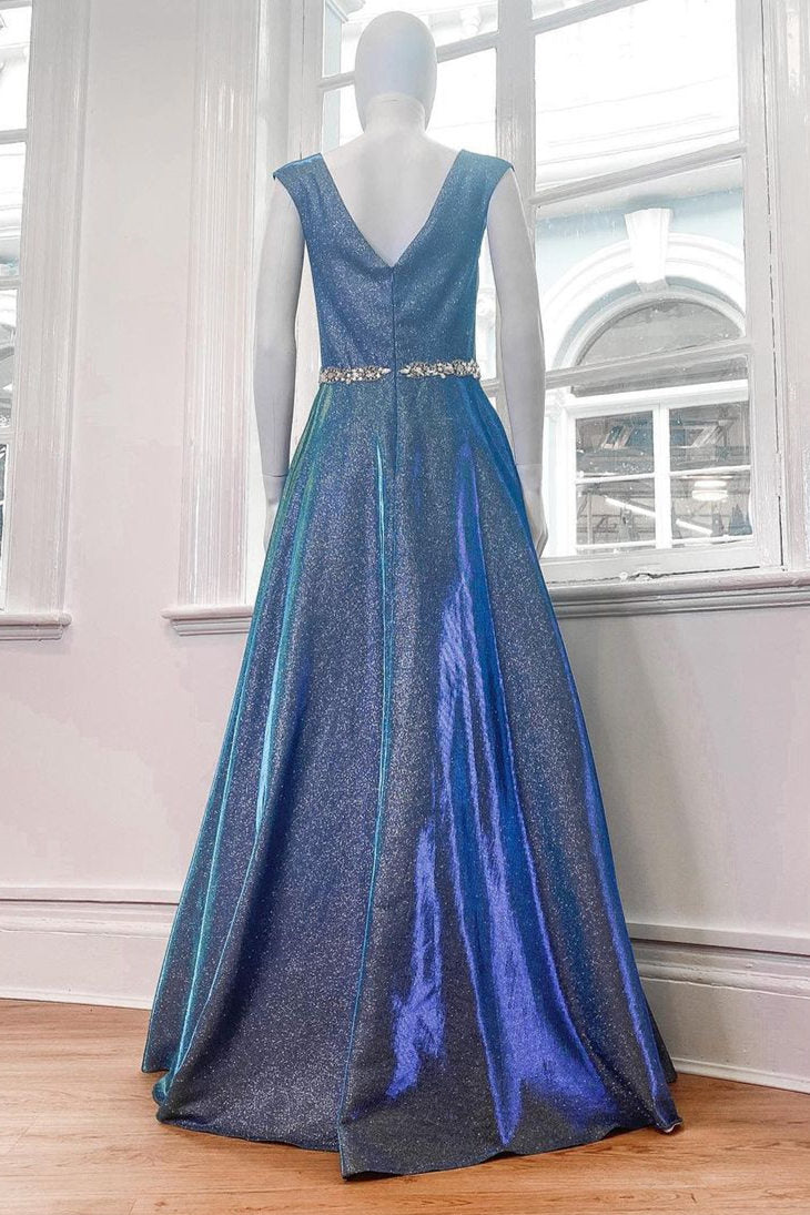 Sparkle V-Neck Sleeveless Long Prom Dress with Beaded Belt