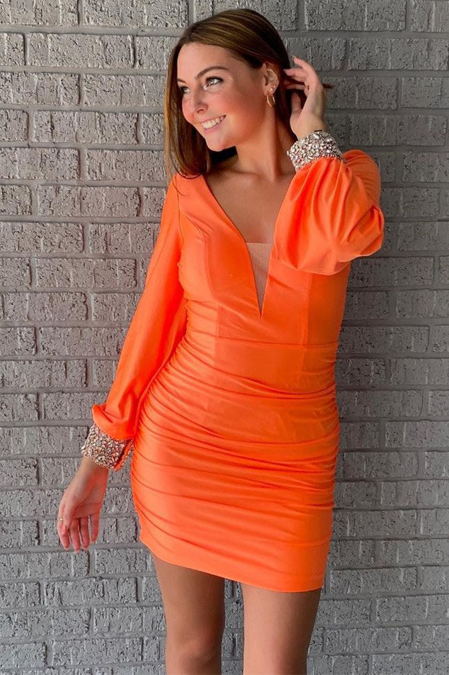 Elegant Long Sleeves Orange Short Party Dress FancyVestido Elegant Long Sleeves Orange Short Party Dress FancyVestido