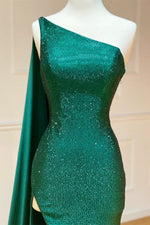 Elegant One Shoulder Emerald Green Long Prom Dress with Shawl
