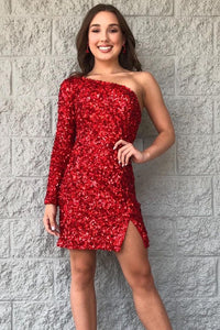 One Shoulder Sequined Homecoming Dress Hot Pink Long Sleeve