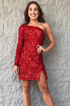 One Shoulder Long Sleeve Hot Pink Sequined Short Homecoming Dress
