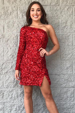 Glitter One Sleeve Red Sequined Homecoming Dress