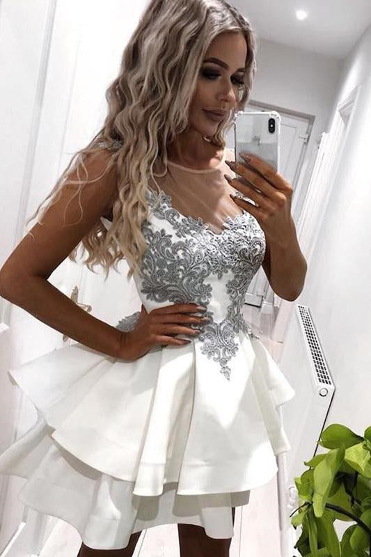 Cute White Illusion Neck Short Homecoming Dress with Appliques