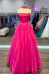 Simple Hot Pink Strapless Tulle Prom Dress with Pockets