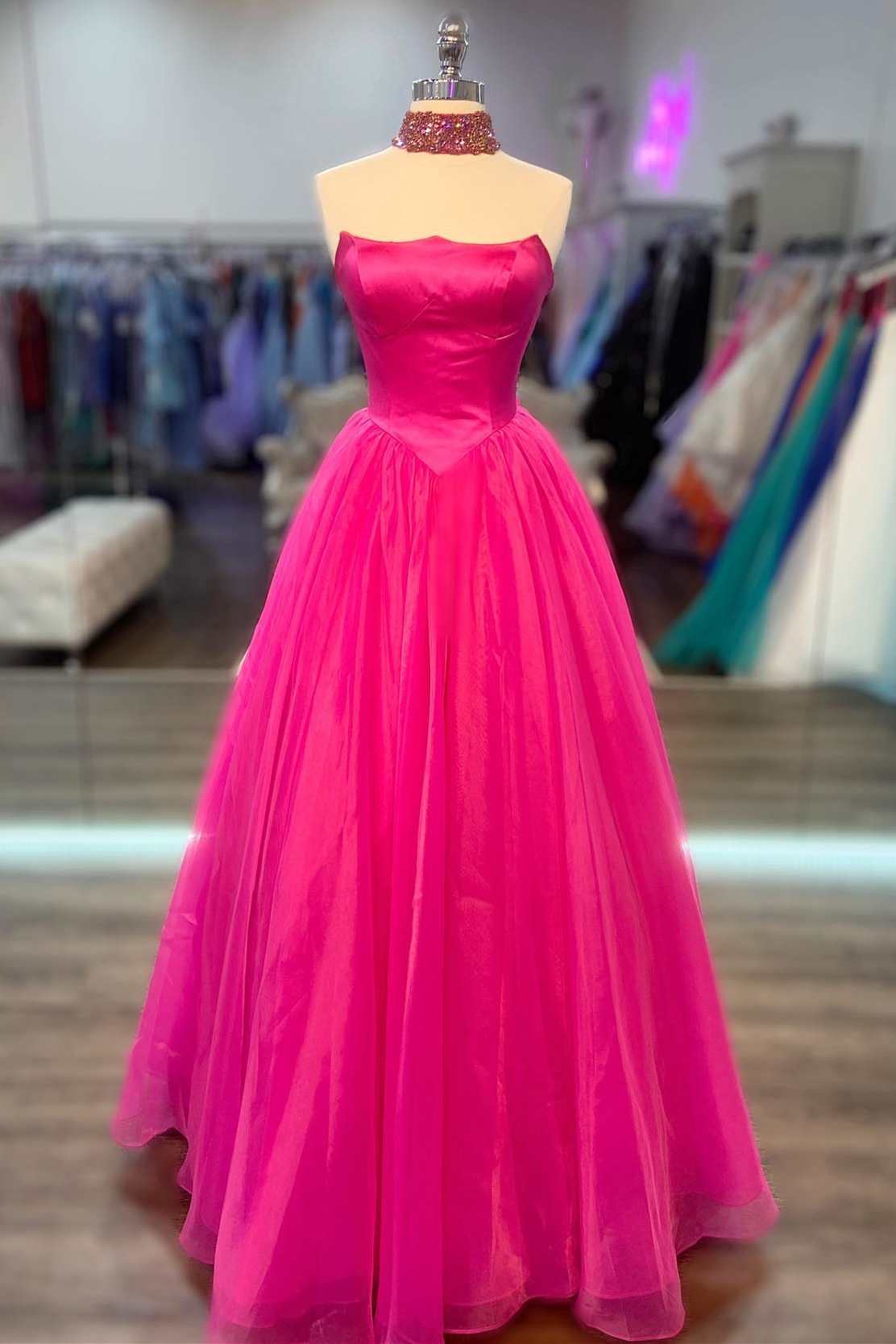Simple Hot Pink Strapless Tulle Prom Dress with Pockets FancyVestido Simple Hot Pink Strapless Tulle Prom Dress with Pockets FancyVestido