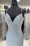 Spaghetti Straps Side Slit Light Blue Long Formal Dress