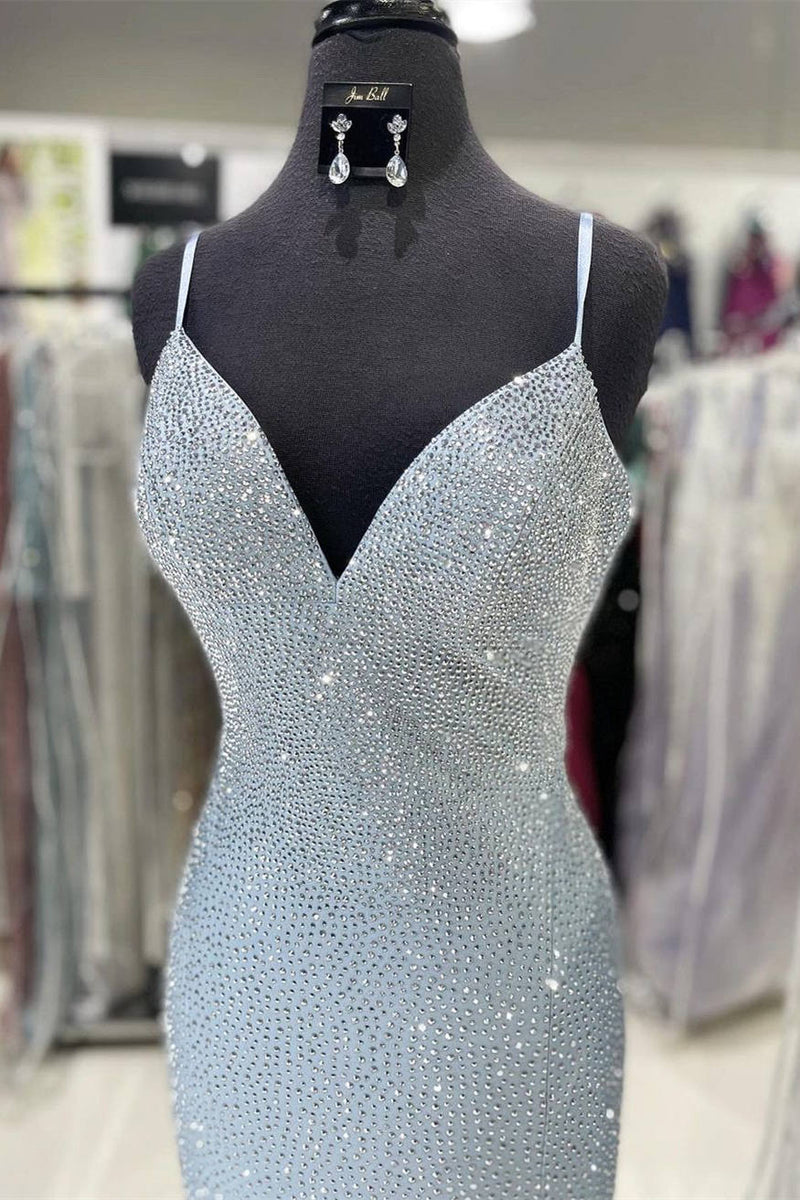 Spaghetti Straps Side Slit Light Blue Long Formal Dress