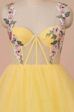 A-line High Slit Yellow Tulle Prom Dress with Flower Appliques