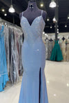 Spaghetti Straps Side Slit Light Blue Long Formal Dress