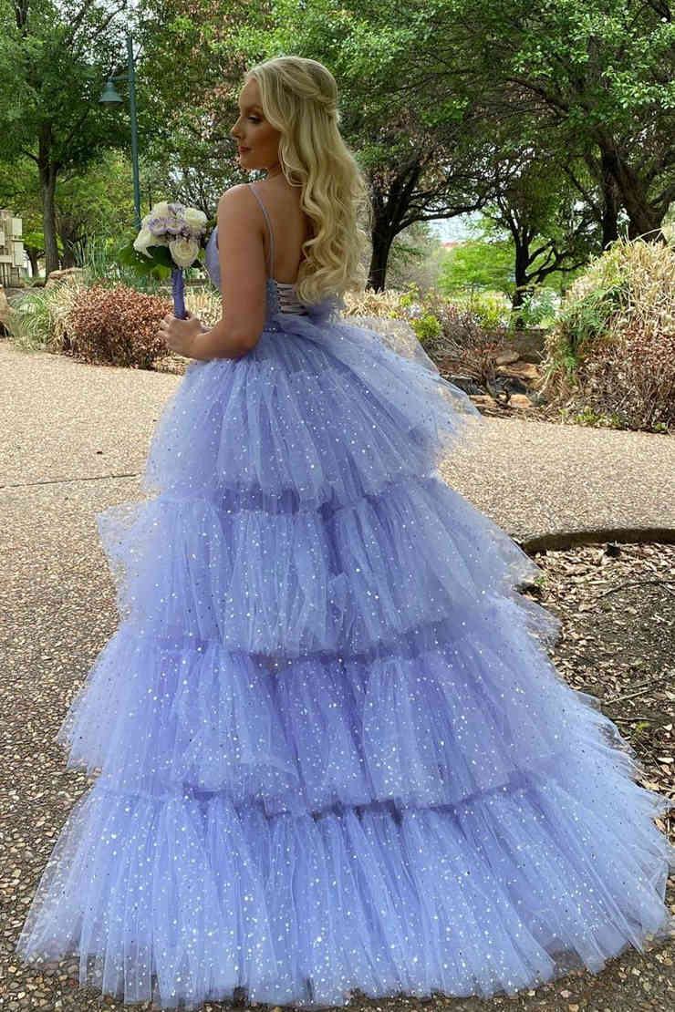 Glitter Hi-Low Lavender Tiered Tulle Prom Dress
