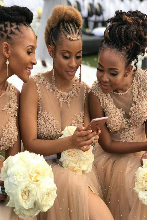 Champagne Appliques Long Bridesmaid Dress with Slit FancyVestido Champagne Appliques Long Bridesmaid Dress with Slit FancyVestido