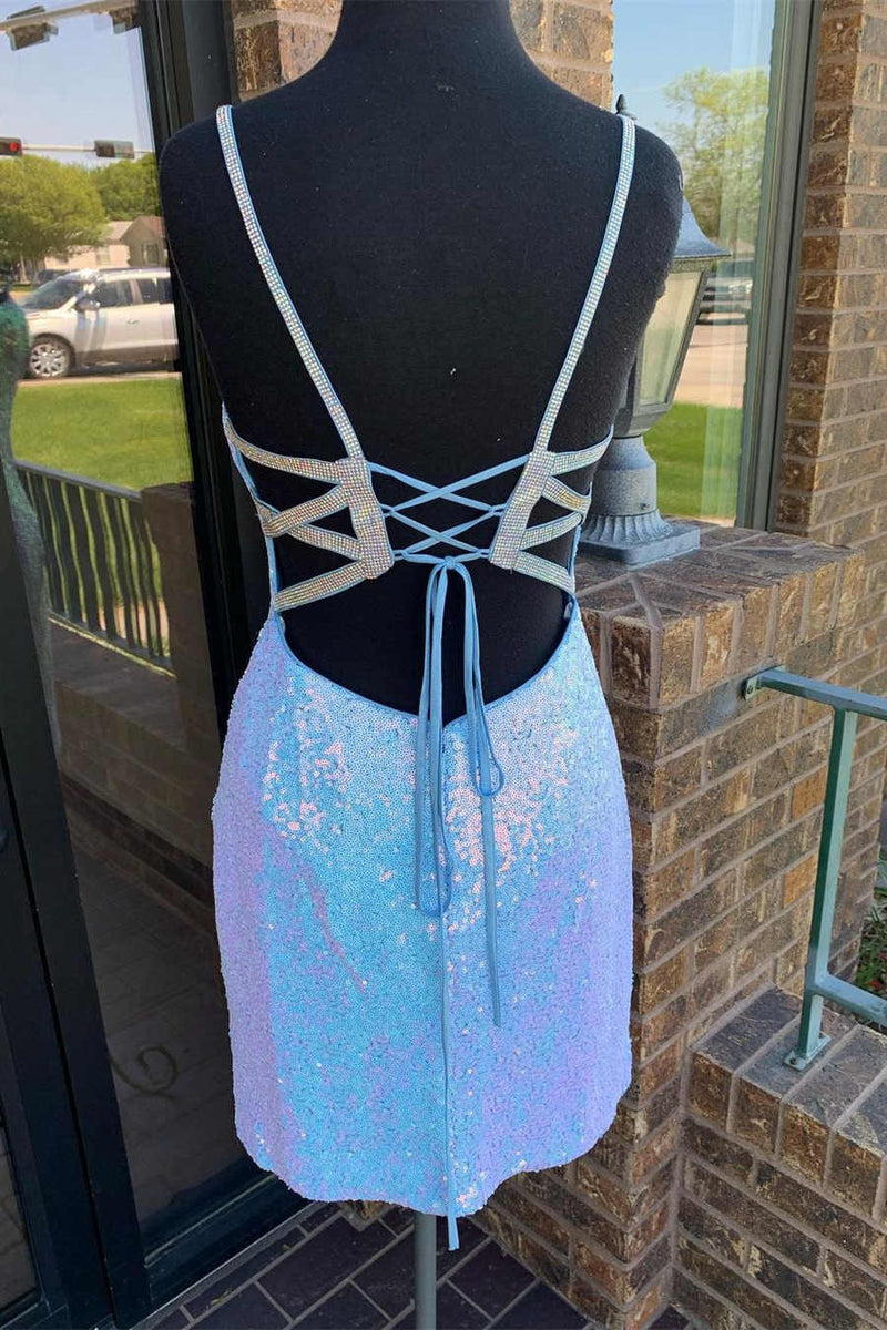 Tie Back Tight Light Blue Homecoming Dress