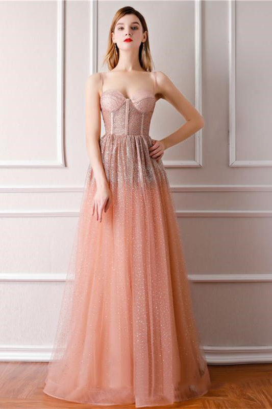 Stunning Spaghetti Straps Blush Pink Long Prom Dress