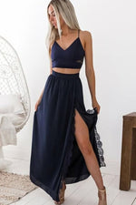 Simple Two Piece Navy Blue Prom Dress with Slit