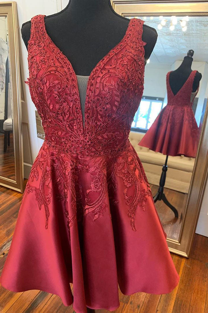 davids bridal homecoming dresses Lace Over Satin V-Back Little Red Homecoming Dress – FancyVestido