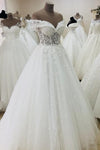 Princess Long Off Shoulder A-line White Wedding Dress with Lace