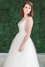 Simple Long V-Neck A-line Ivory Wedding Dress with Zipper