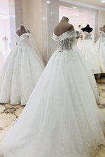 Off the Shoulder See-Through Wedding Dress with Tie Back