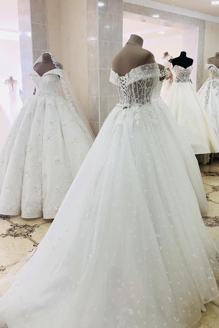 Off the Shoulder See-Through Wedding Dress with Tie Back