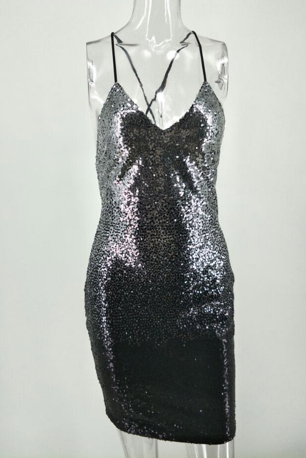 Spaghetti Straps Sequins Silver and Black Mini Party Dress