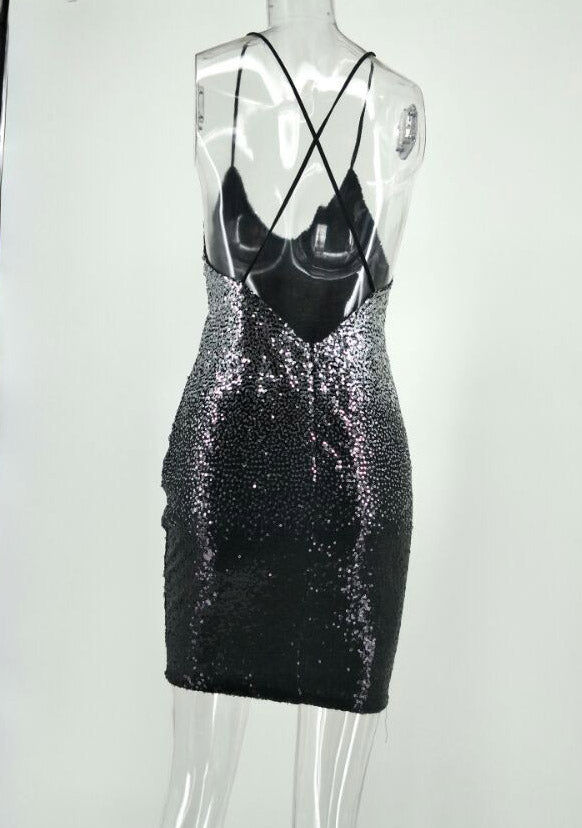 Spaghetti Straps Sequins Silver and Black Mini Party Dress