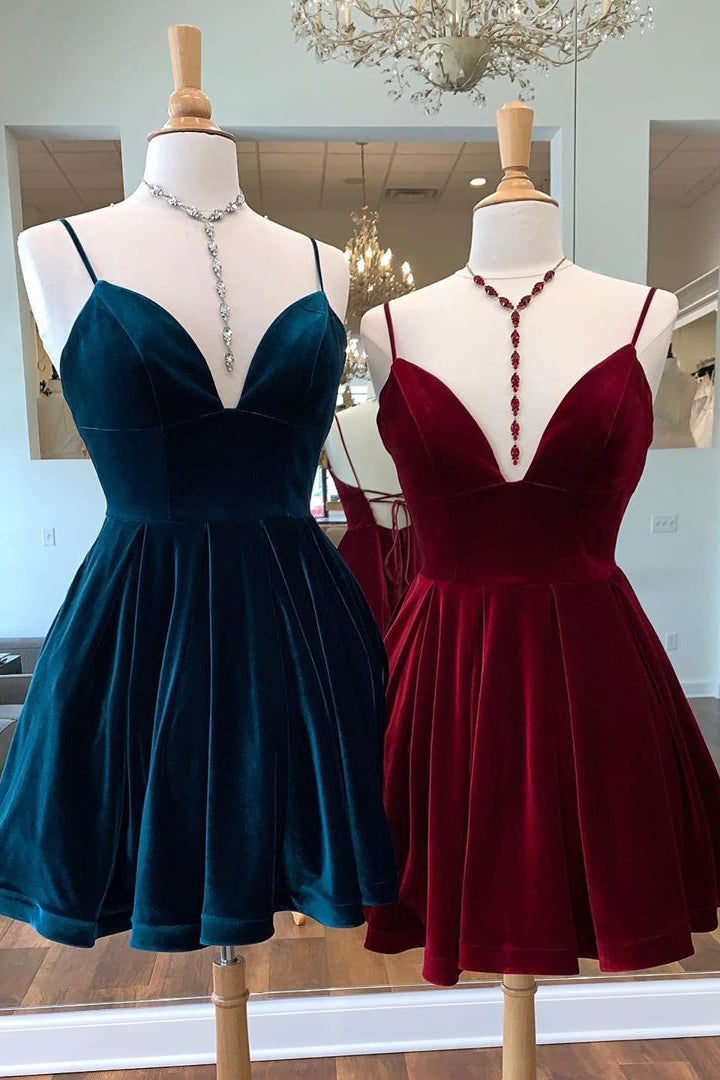 Tie Back Straps Velvet Navy Blue Homecoming Dress