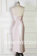 Spaghetti Straps Cowl Neck Tea-Length Champagne Bridesmaid Dress