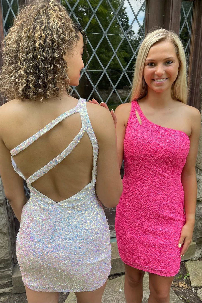 Stunning Hot Pink Sequins Mini Dress Homecoming Dress