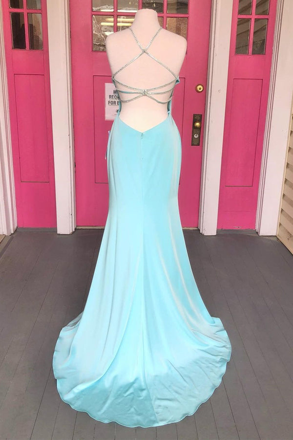 Criss Cross Straps Pool Blue Long Formal Dress