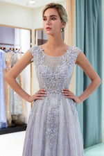 Jewel A-Line Lace Lavender Prom Dress with Appliques / Beading
