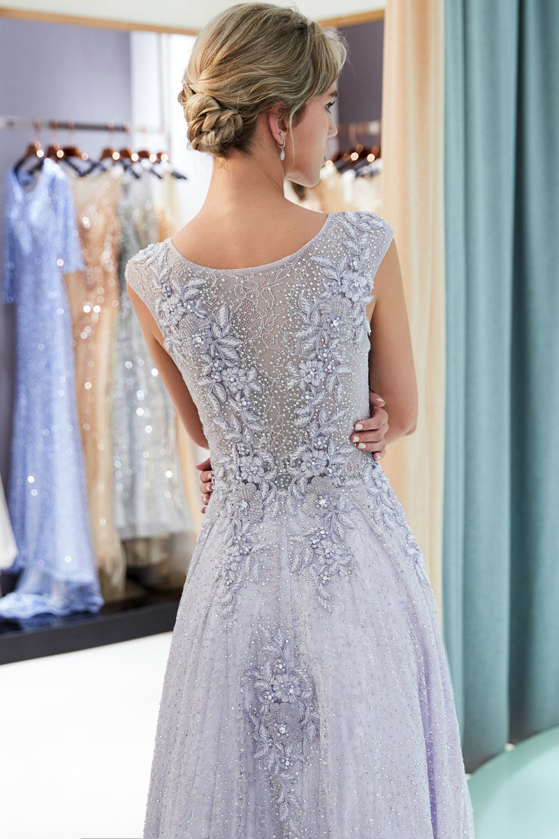 Jewel A-Line Lace Lavender Prom Dress with Appliques / Beading
