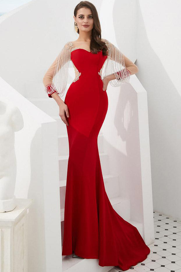 Mermaid Red Long Prom Evening Gown with Tassel Sleeves