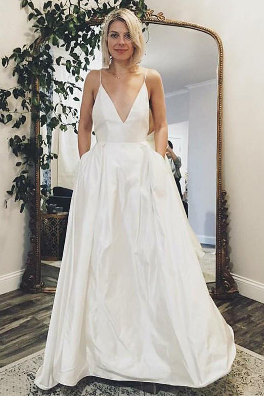 Minimalist Long V-Neck A-line White Wedding Dress with Pockets
