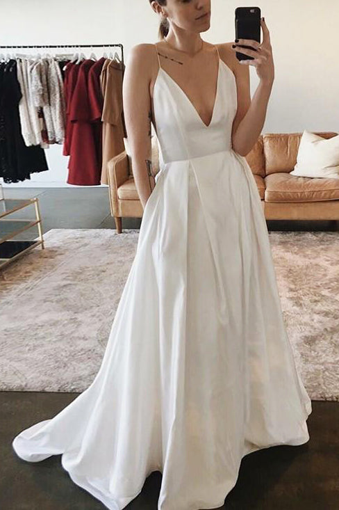 Minimalist Long V-Neck A-line White Wedding Dress with Pockets