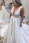 Long Deep V Neck A-line White Wedding Dress with Appliques