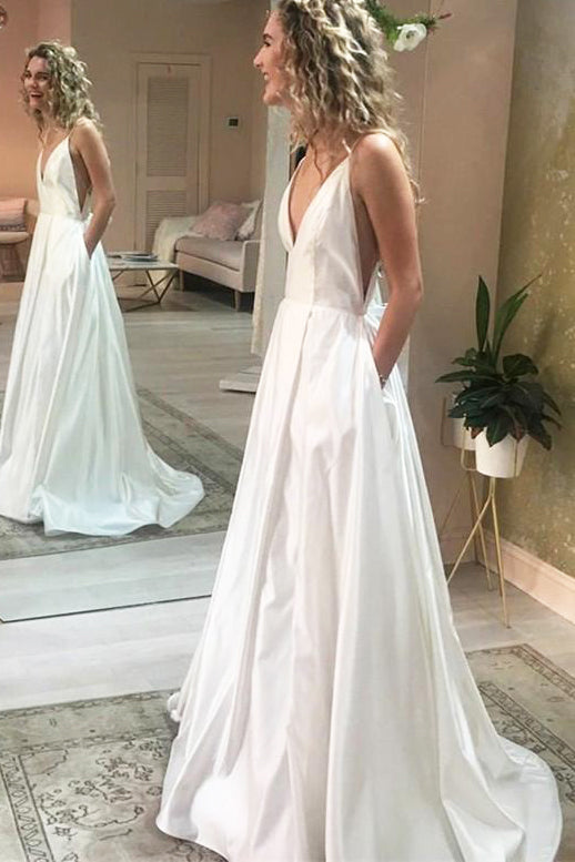 Minimalist Long V-Neck A-line White Wedding Dress with Pockets