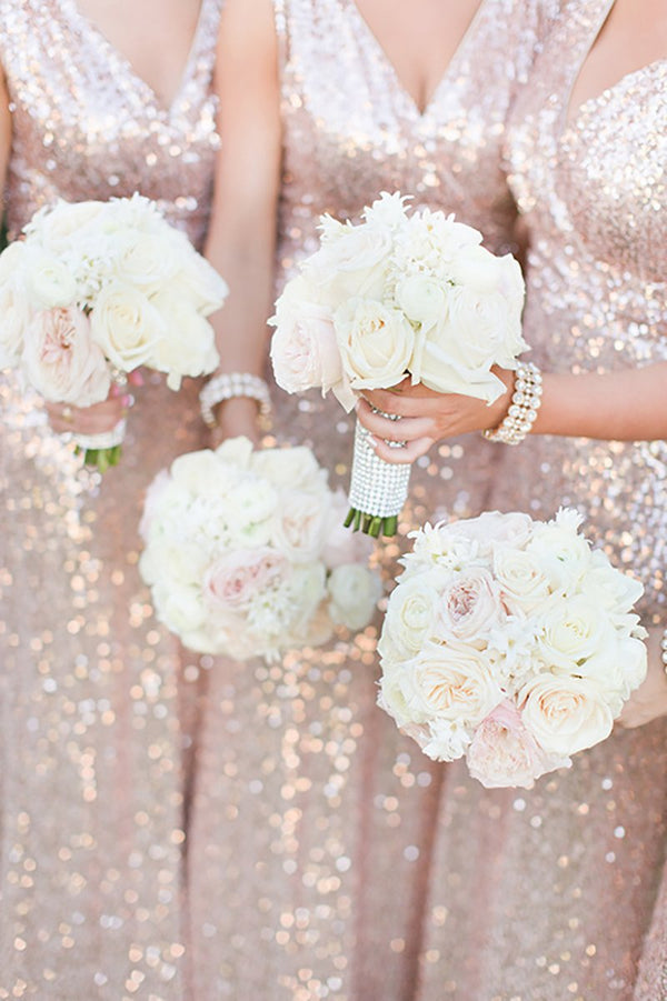 Sheath Rose Gold Sequins Long Bridesmaid Dress
