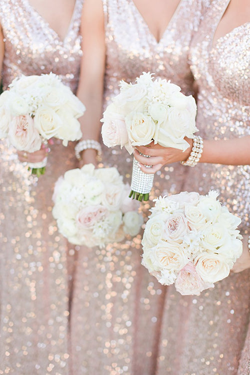 Sheath Rose Gold Sequins Long Bridesmaid Dress