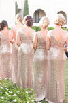 Sheath Rose Gold Sequins Long Bridesmaid Dress