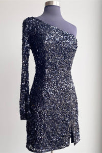 One Shoulder Sequined Homecoming Dress Hot Pink Long Sleeve