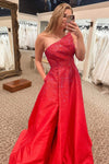 A-Line Light Blue One Shoulder Beaded Prom Dress