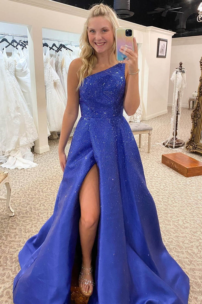 A-Line Light Blue One Shoulder Beaded Prom Dress