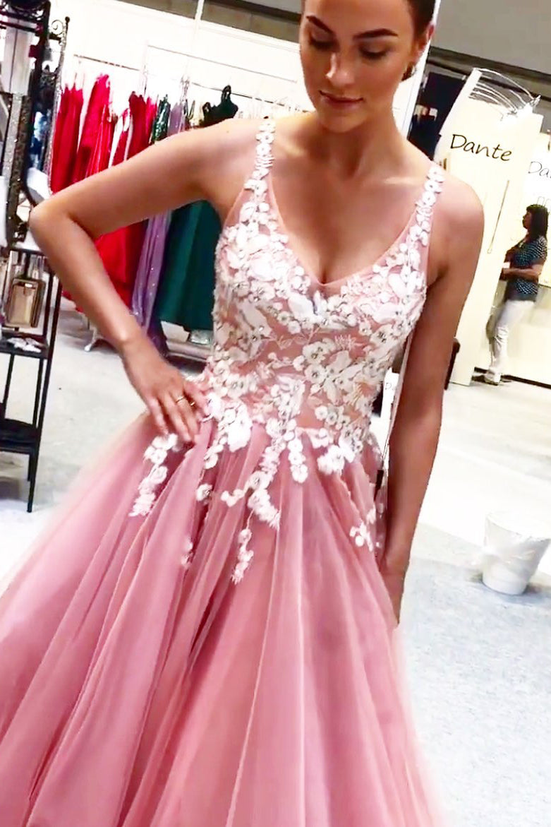 Princess A Line Pink Lace Appliqued Prom Dress