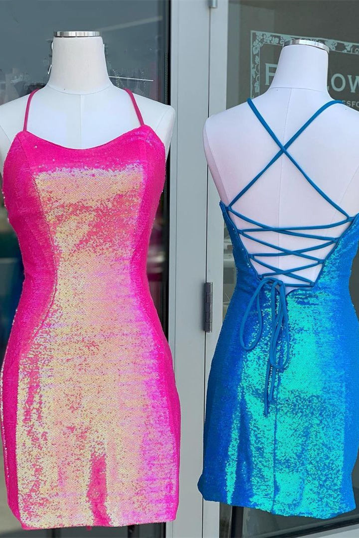 Lace-Up Hot Pink Sequins Short Party Dress