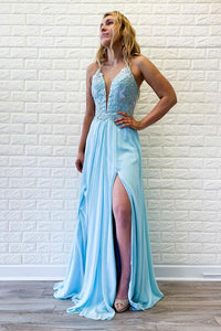Sky Blue Low V-Neck Lace-Up Two Tone Maxi Prom Evening Dress