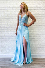 Deep V Lace-Up Long Sky Blue Prom Dress with Appliques
