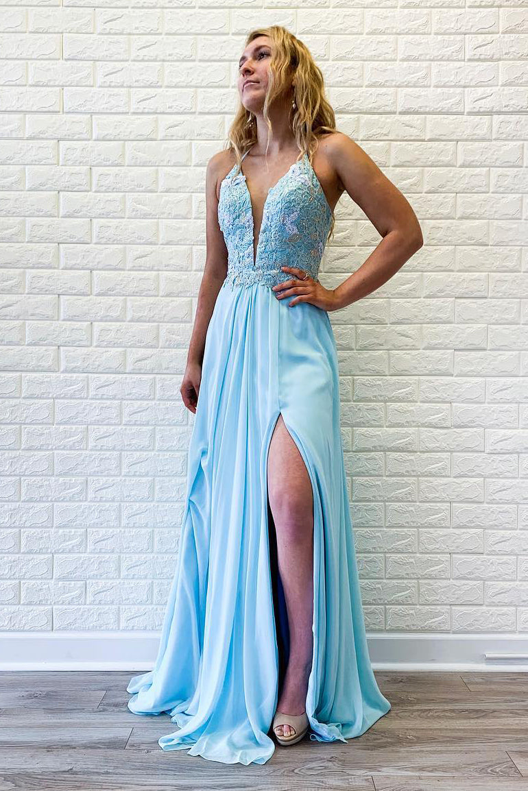Sky Blue Low V-Neck Lace-Up Two Tone Maxi Prom Evening Dress  FancyVestido