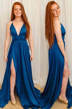 Spaghetti Straps Side Side Long Navy Blue Prom Dress